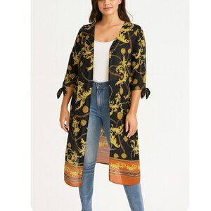 Haute Monde brand open front split thigh 3/4 sleeve chain leaf gold & black SM